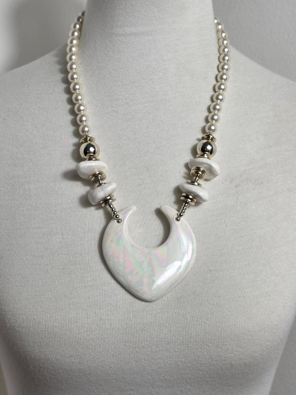 Vintage Chunky Modernist Statement Necklace White Iridescent Crescent Pendant